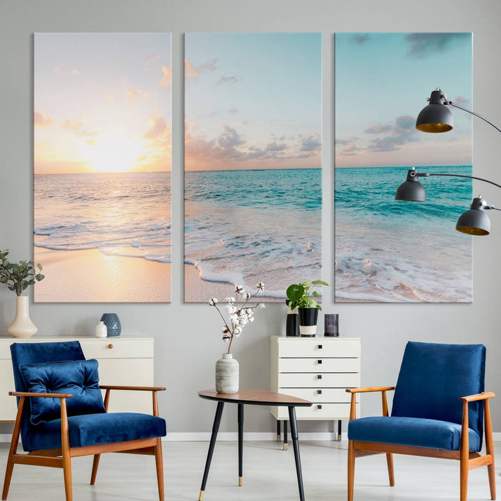 The room features a 3-panel Tranquil Ocean Beach Sunset Canvas Wall Art.