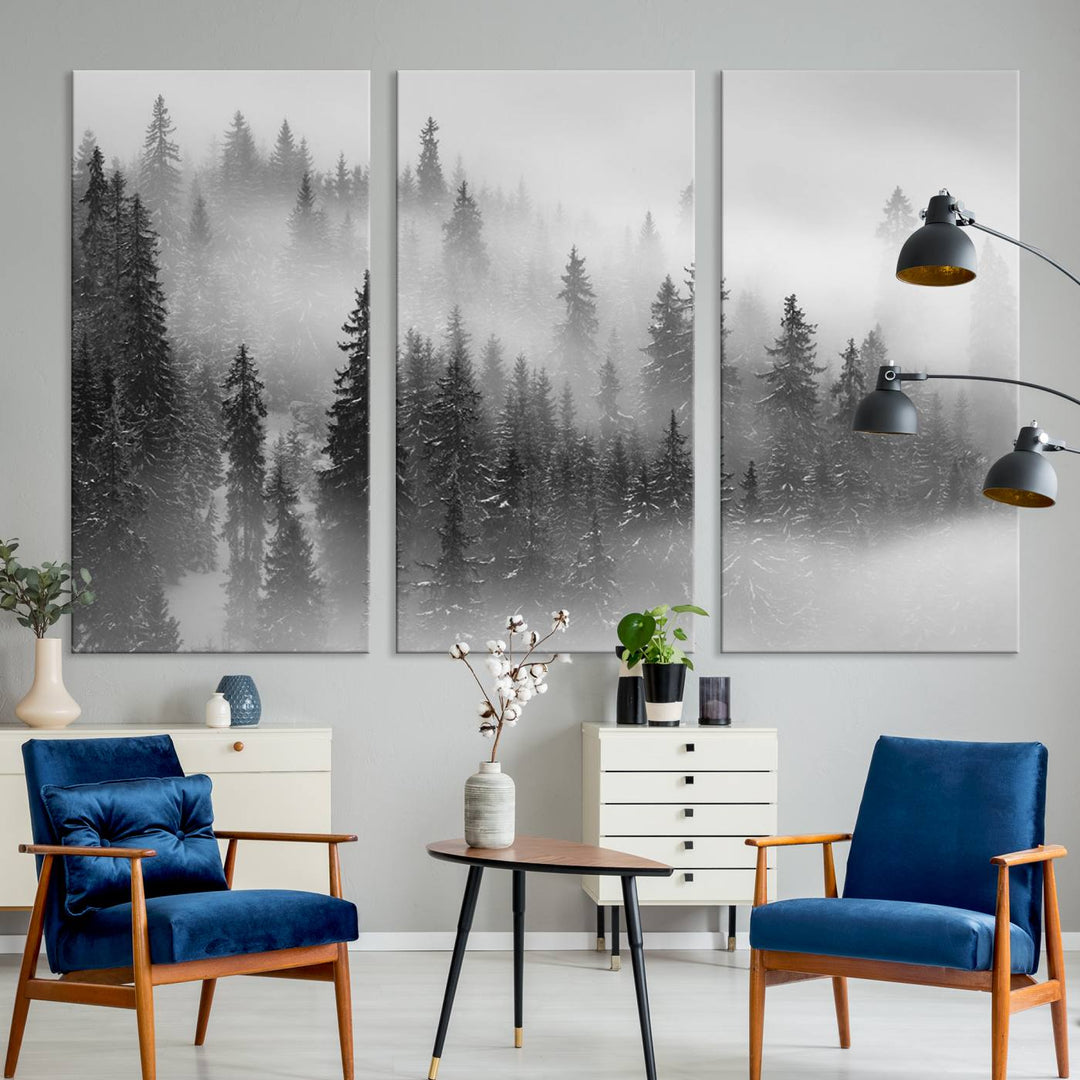 A stunning Foggy Misty Forest Canvas Wall Art adorns the kitchen wall.