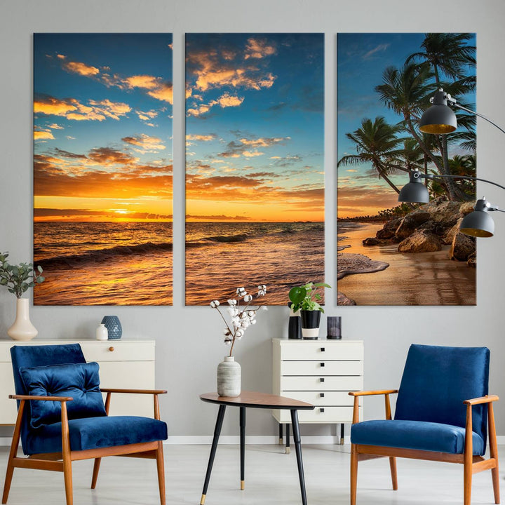 A stunning beach sunset on a museum-quality Sunset Wall Art Canvas Print adorns the kitchen wall.