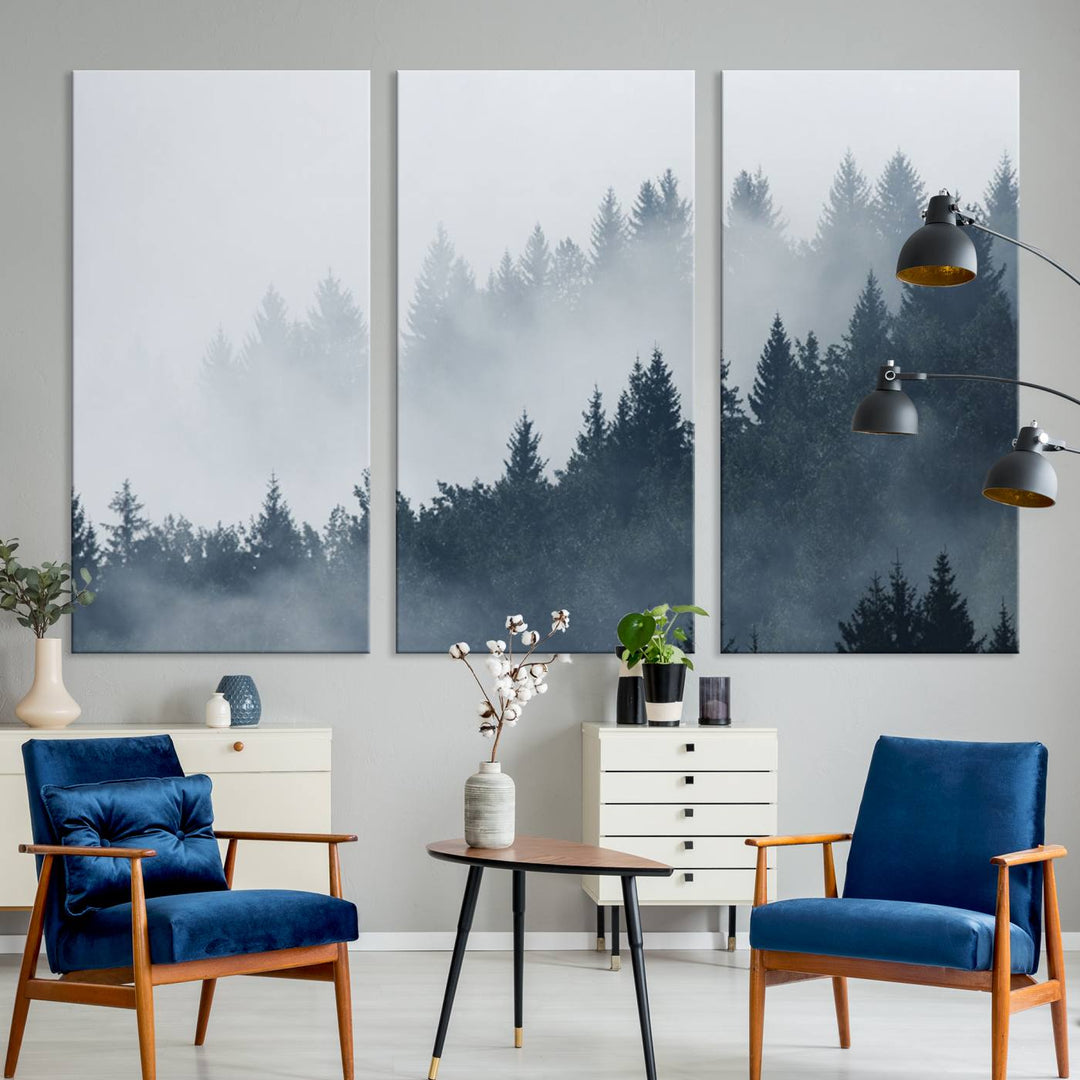 A large Foggy Pine Forest Wall Art Canvas Print.