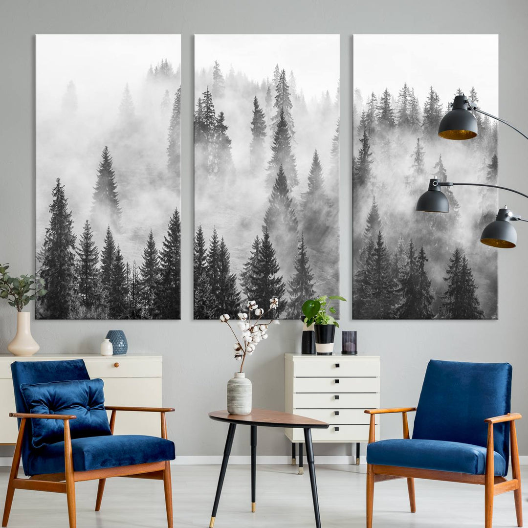 The Forest Wall Art Print hangs prominently, depicting a serene woodland scene.