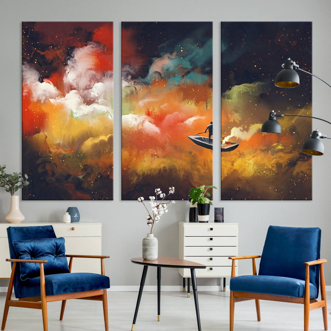 Surreal Space Adventure Canvas Wall Art features a person in a boat.