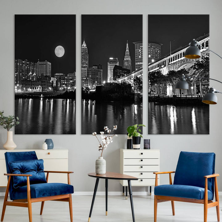 Cleveland Night Skyline Canvas Print: A museum-quality piece, ready to hang, featuring a stunning full moon and its reflections below.