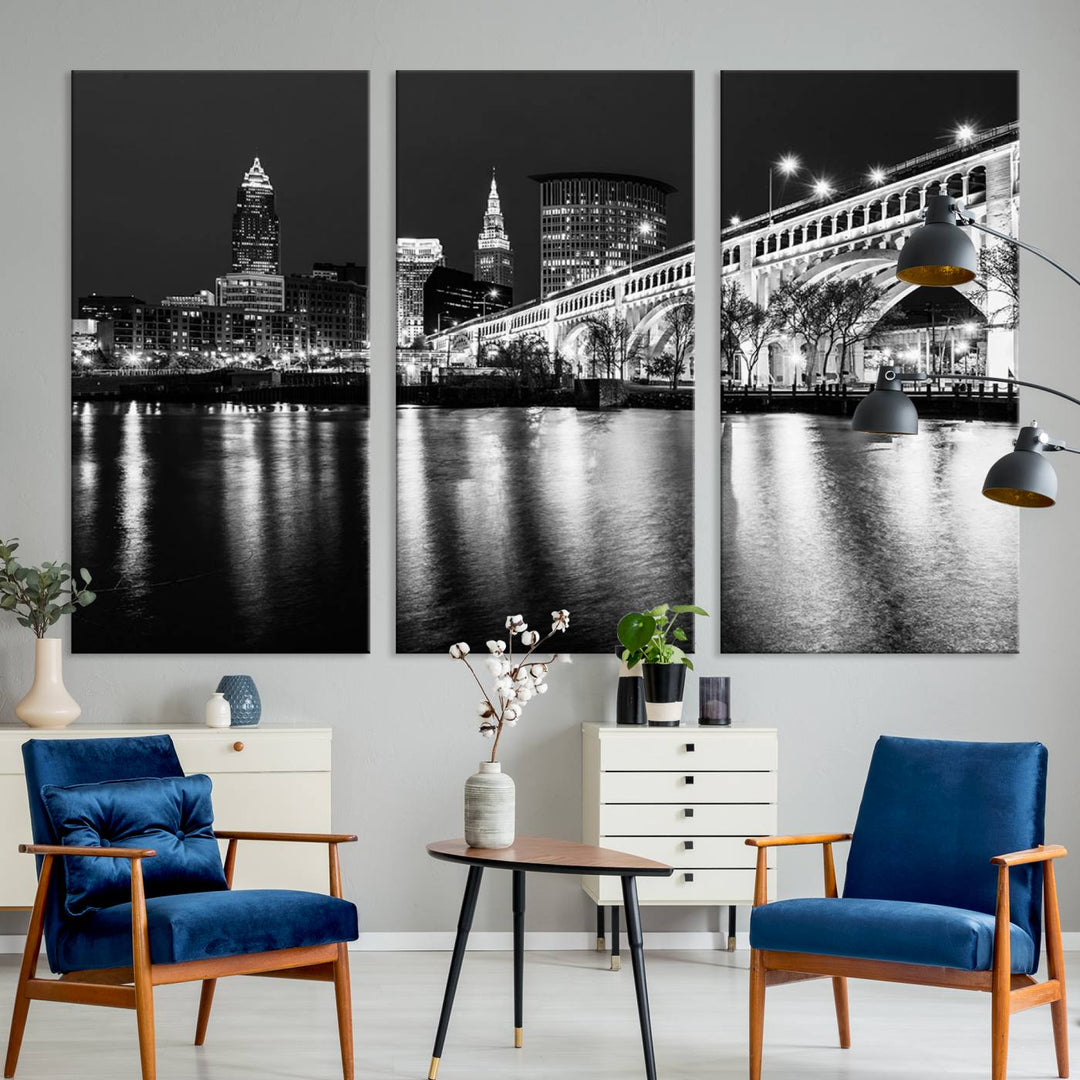 The Cleveland Night Skyline Canvas Print hangs prominently.