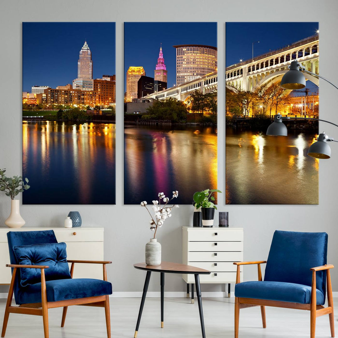 Cleveland Night Skyline Canvas: Cityscape with an illuminated bridge reflecting on calm water.