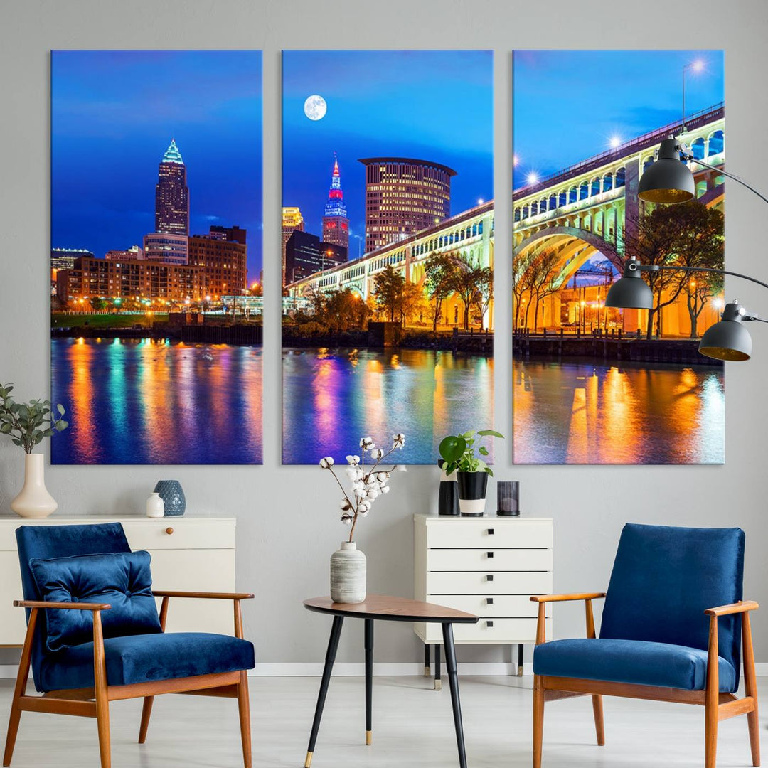 A Cleveland Night Skyline Wall Art on museum-quality canvas showcases a bridge and illuminated buildings.