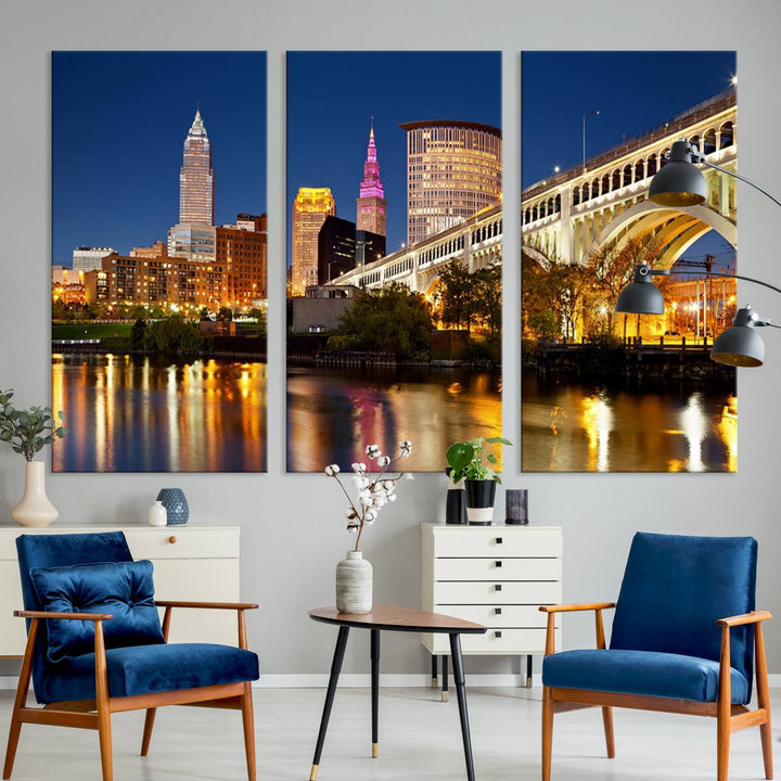 The Cleveland City Lights Canvas showcases a lit-up bridge and cityscape at night.