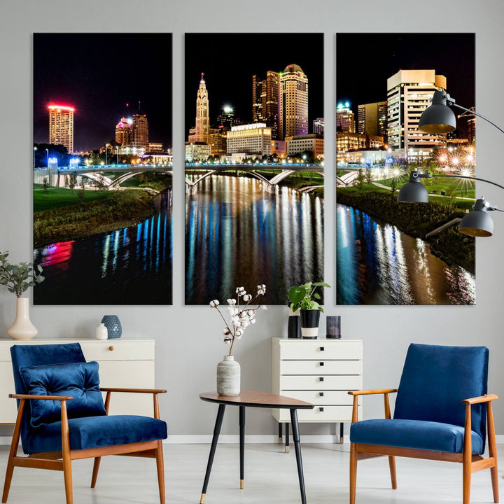 The Columbus City Lights Night Skyline Wall Art Canvas Print adorns the wall.