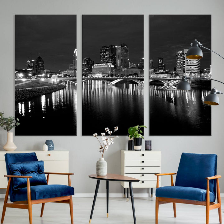 Columbus City Lights Skyline canvas print in black and white, featuring museum-quality craftsmanship and free shipping.