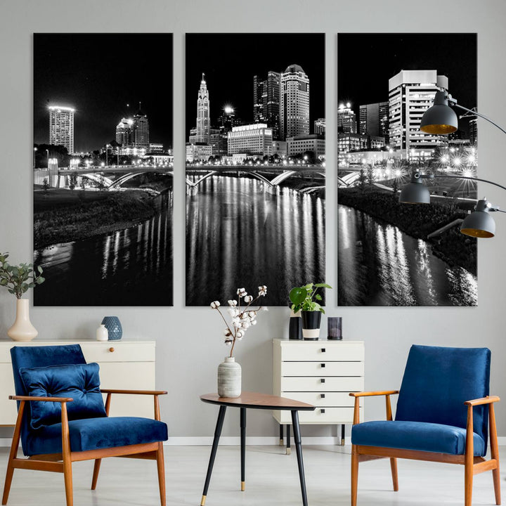 Columbus City Lights Skyline Black and White Canvas with UV coating.