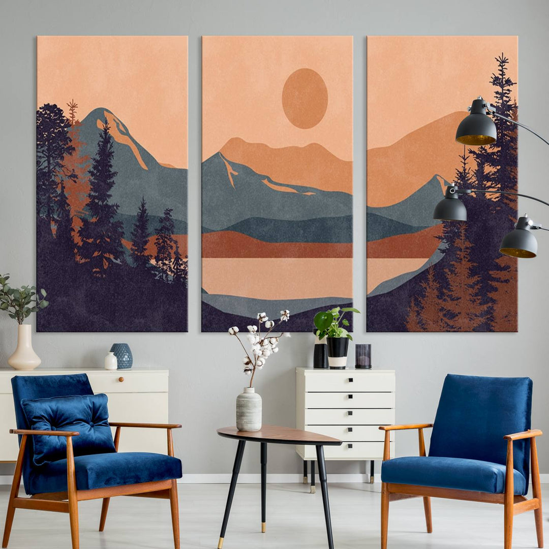 The Modern Boho Sunset Triptych displays a mountain sunset.