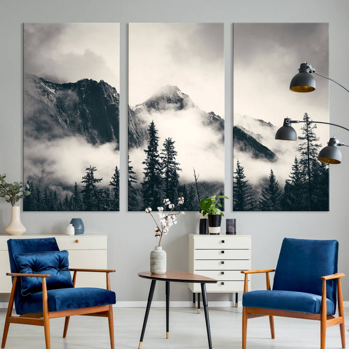 A large foggy mountain forest canvas print hangs prominently in the room.