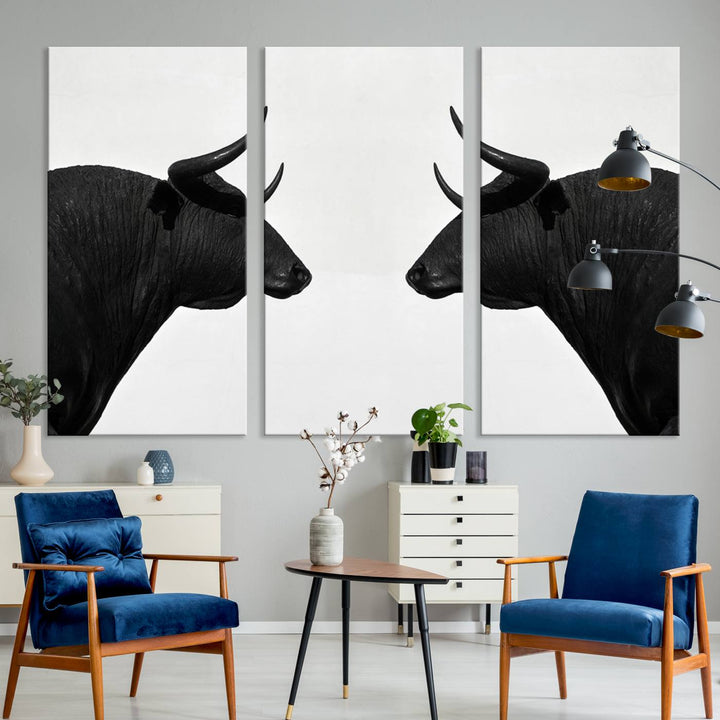 Spanish Bull Wall Art Canvas Print: Two black bull heads facing off on museum-quality canvas.