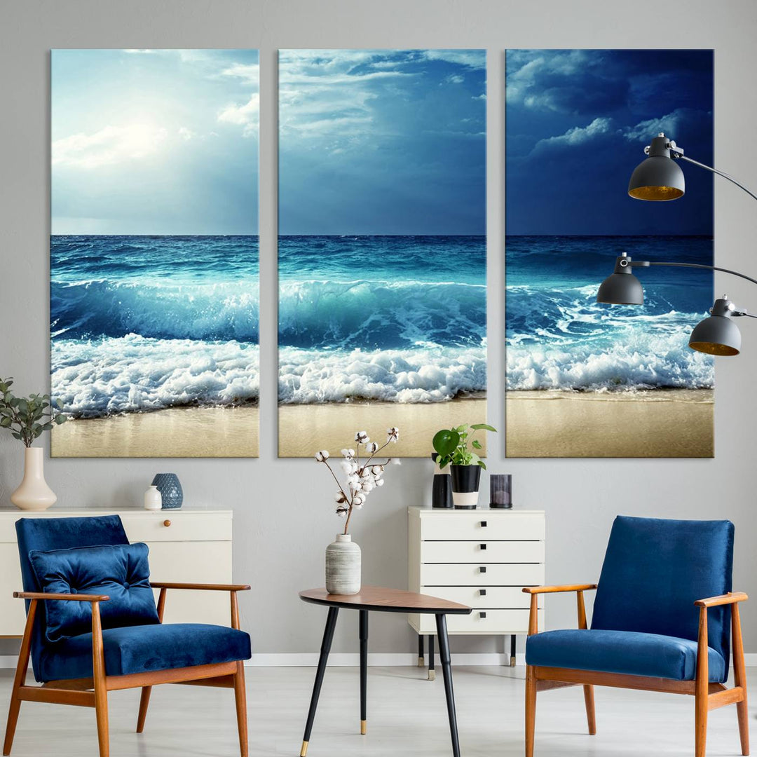 The Majestic Ocean Wave Wall Art Canvas, a 3-panel seascape print, is featured prominently.