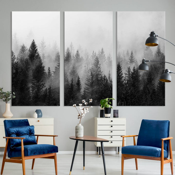 Black and white canvas art depicts a misty pine forest, offering a dense landscape that appeals to nature and woodland art lovers.