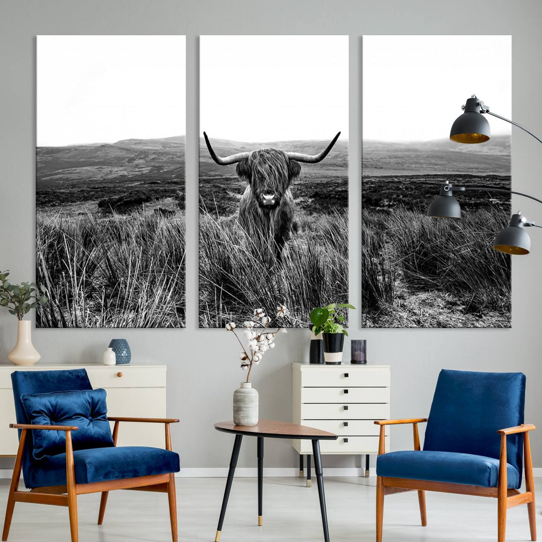 Dining room featuring a Black and White Highland Cow Canvas for a Western-themed decor.