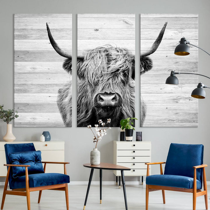 Scottish Highland Cow Cattle Art adds rustic farmhouse charm to the space.