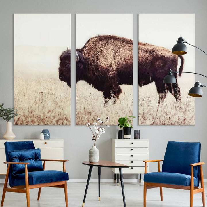 The dining room showcases the Bison in Field canvas print.