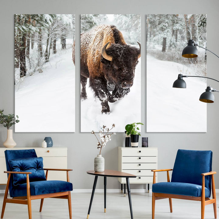 The dining area showcases the Bison Wall Art Canvas Print for Farmhouse.