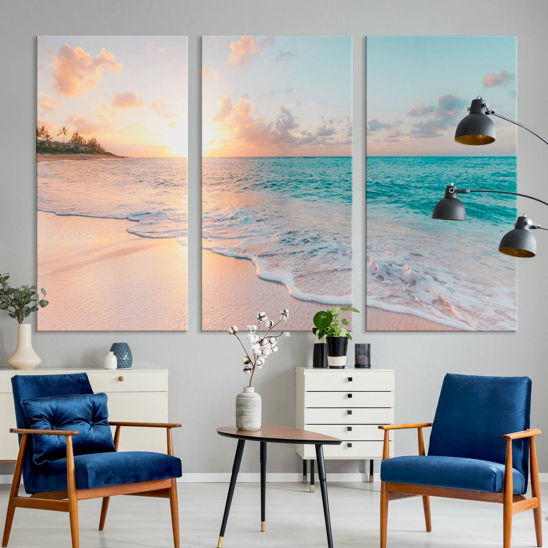 The kitchen features the Beach Sunrise Wall Art, Coastal Sunset Beach Scene.