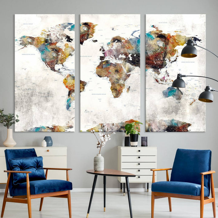 The Colorful World Map Wall Art Canvas Print adds vibrance to the space, ideal for geography lovers.