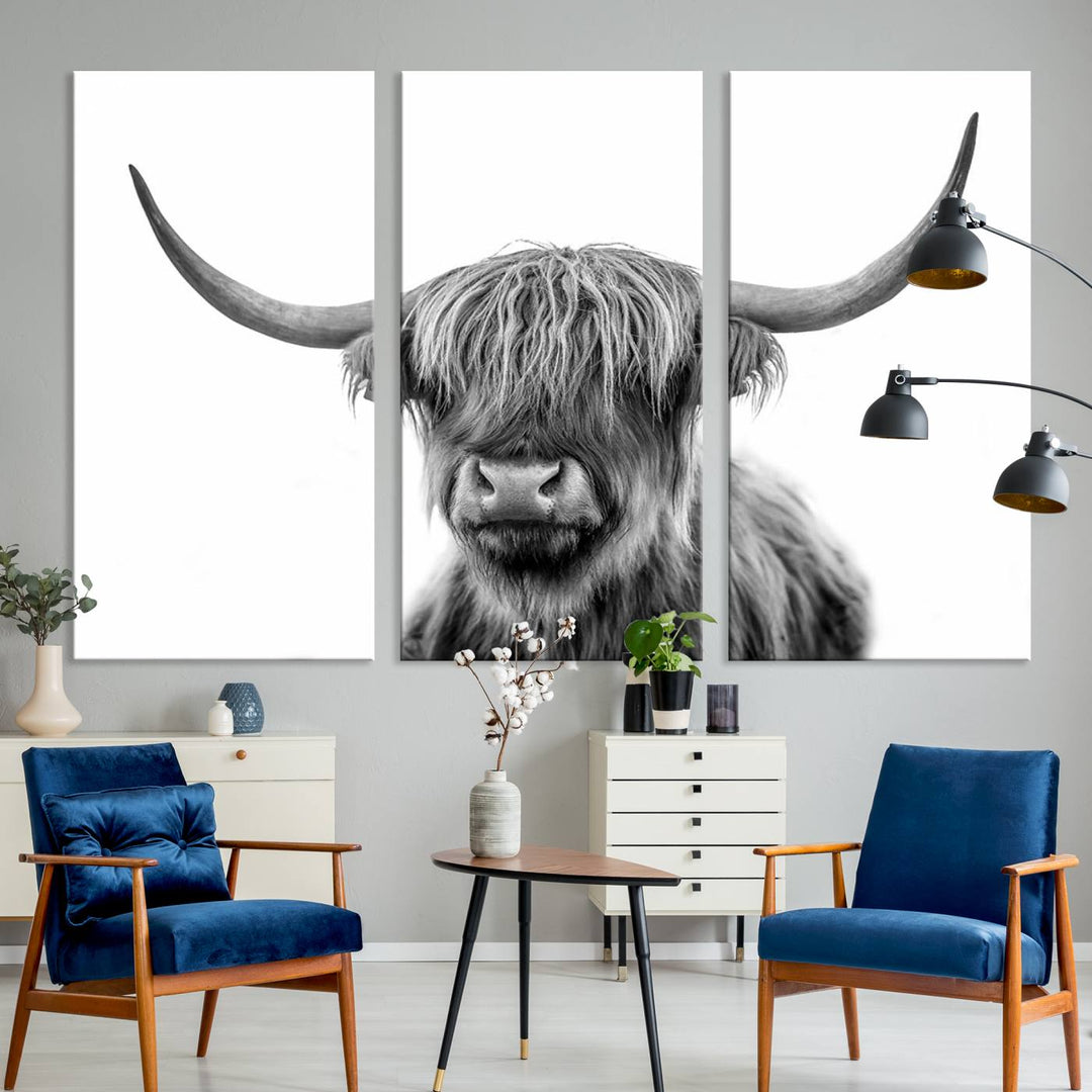 The Grayscale Scottish Highland Cow canvas is a museum-quality piece perfect for your dining room. Enjoy free shipping on this stunning artwork!.