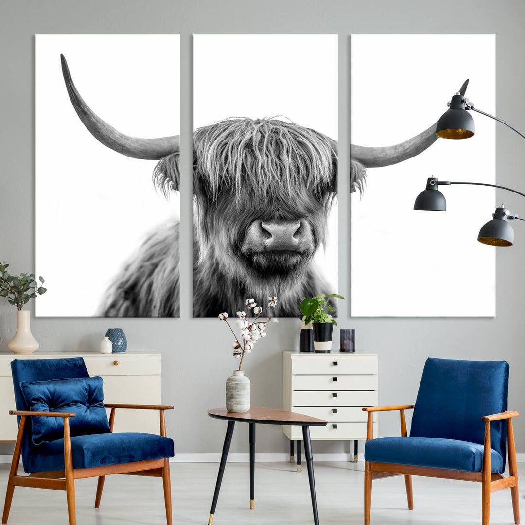 A Scottish Highland Cow Art Canvas adds charm to the farmhouse decor.