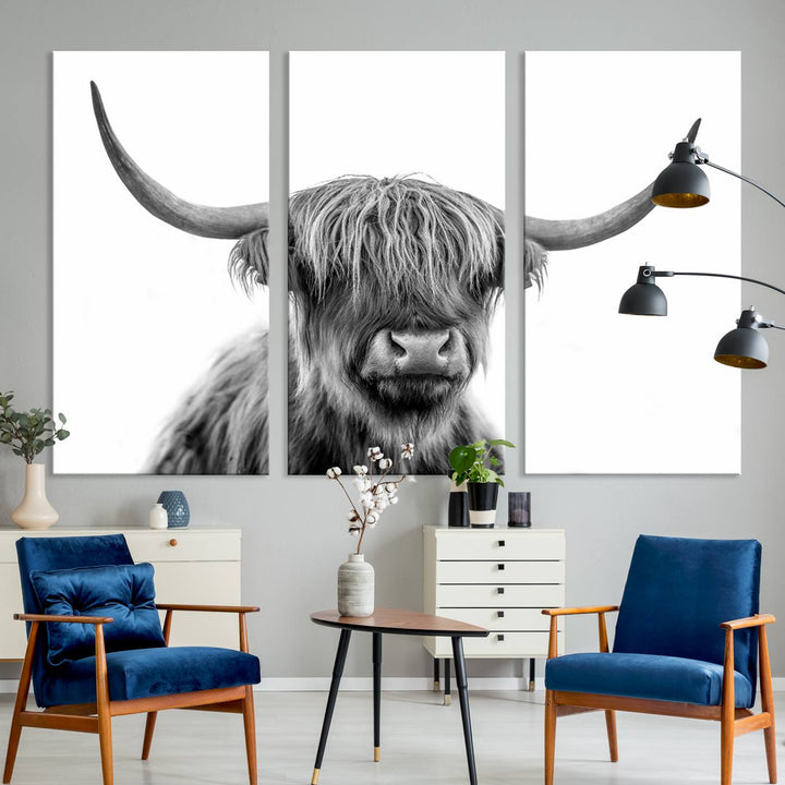 A Scottish Highland Cow Art Canvas adds charm to the farmhouse decor.