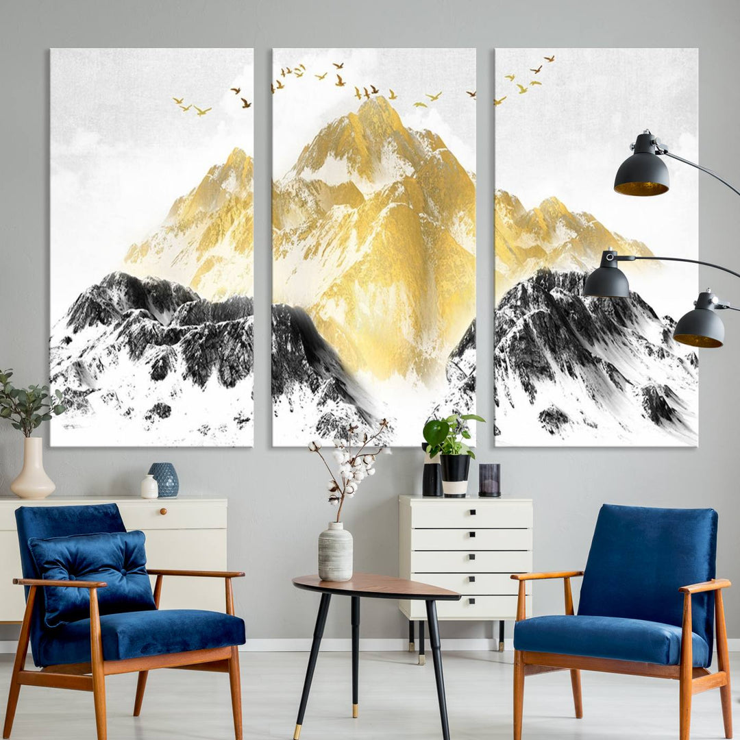 Golden Mountain Triptych Wall Art features gold-tinted mountains and birds.