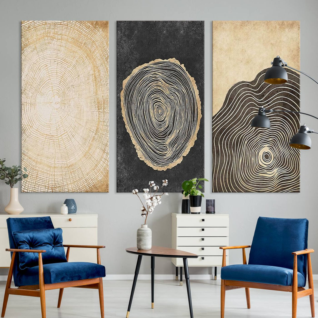 Tree Rings Canvas Wall Art Print hangs prominently in a modern kitchen.