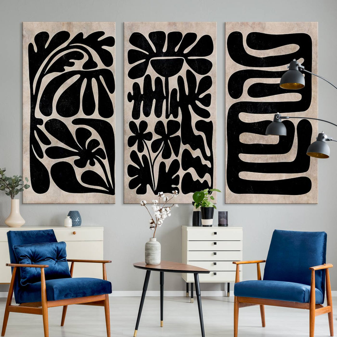 Canvas Print Wall Art Abstract Illustrs Art Boho features bold black patterns on a light background.