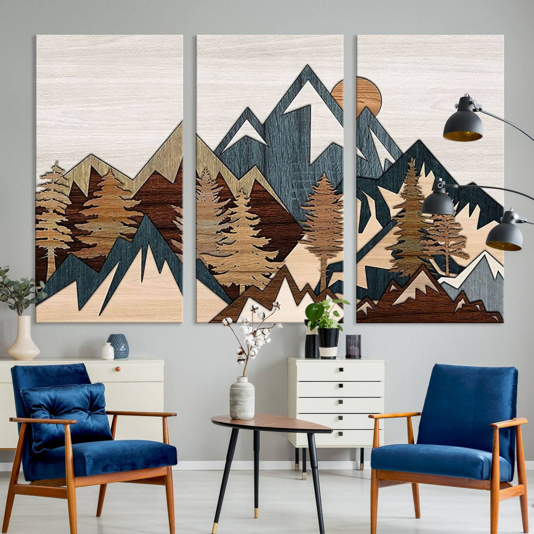 A Woodland Mountain Landscape Triptych serves as the centerpiece of the rustic decor.