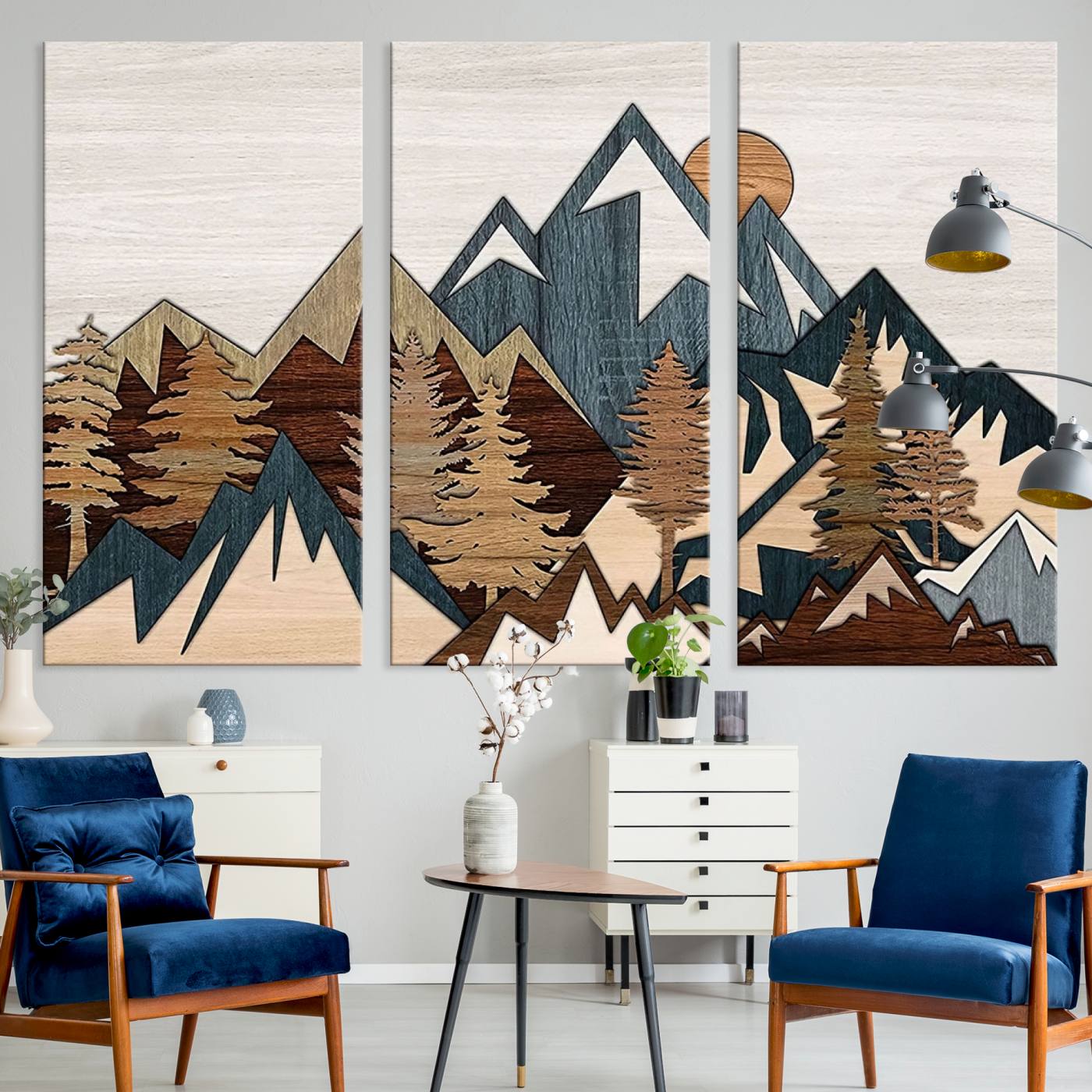 67950-MGV-CV-36X24-Rustic Abstract Wood Panel Effect Canvas Mountain Range Top Wood Wall Art Canvas Print
