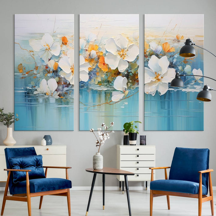 An Abstract Flower Wall Art Canvas Print in blue and orange hues.