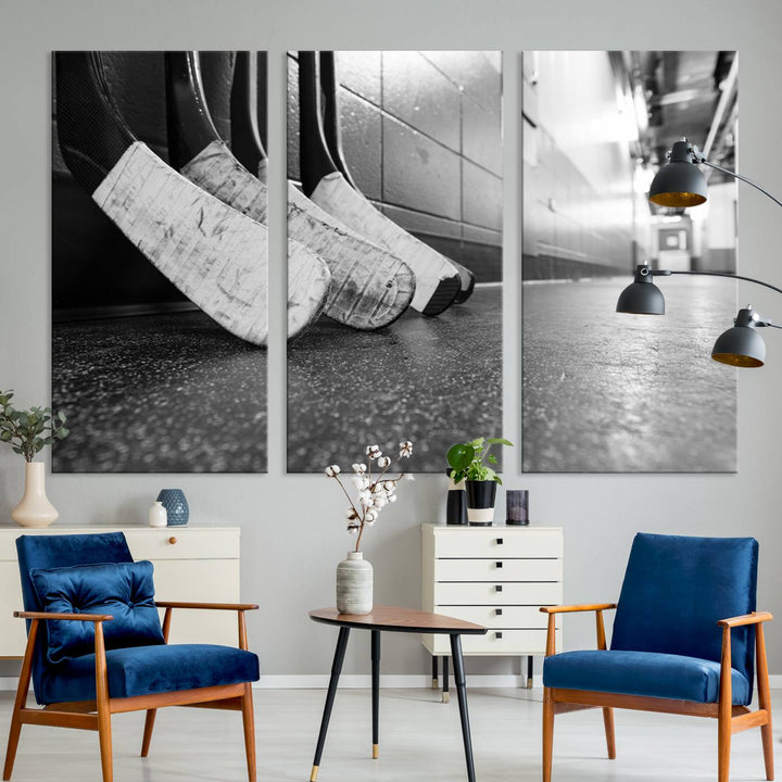 Ice Hockey Wall Art Canvas Print features a UV-protected black and white photo of hockey sticks.