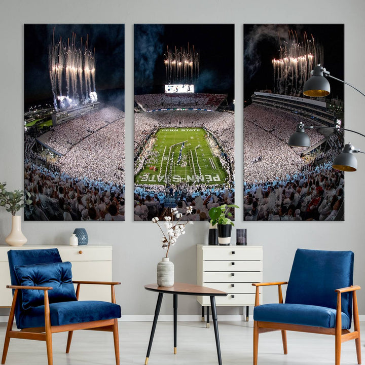 The perfect Penn State Football canvas wall art features a depiction of Beaver Stadium filled with fans in white, with fireworks exploding above.