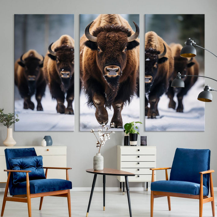 The dining room features an American Bison Herd Canvas Print against the snow.