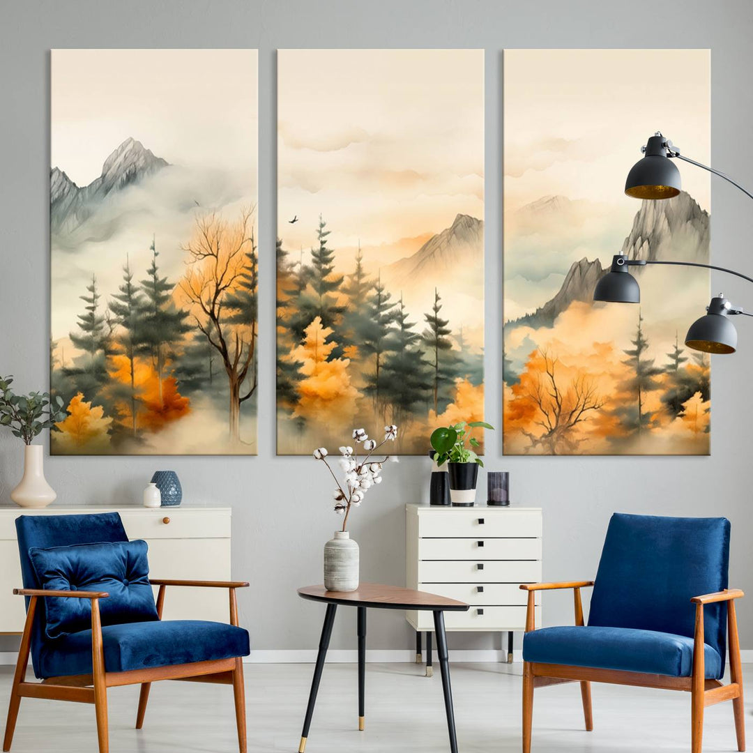 A wall art of Abstract Watercolor Mountains and Trees Autumn on museum-quality canvas.