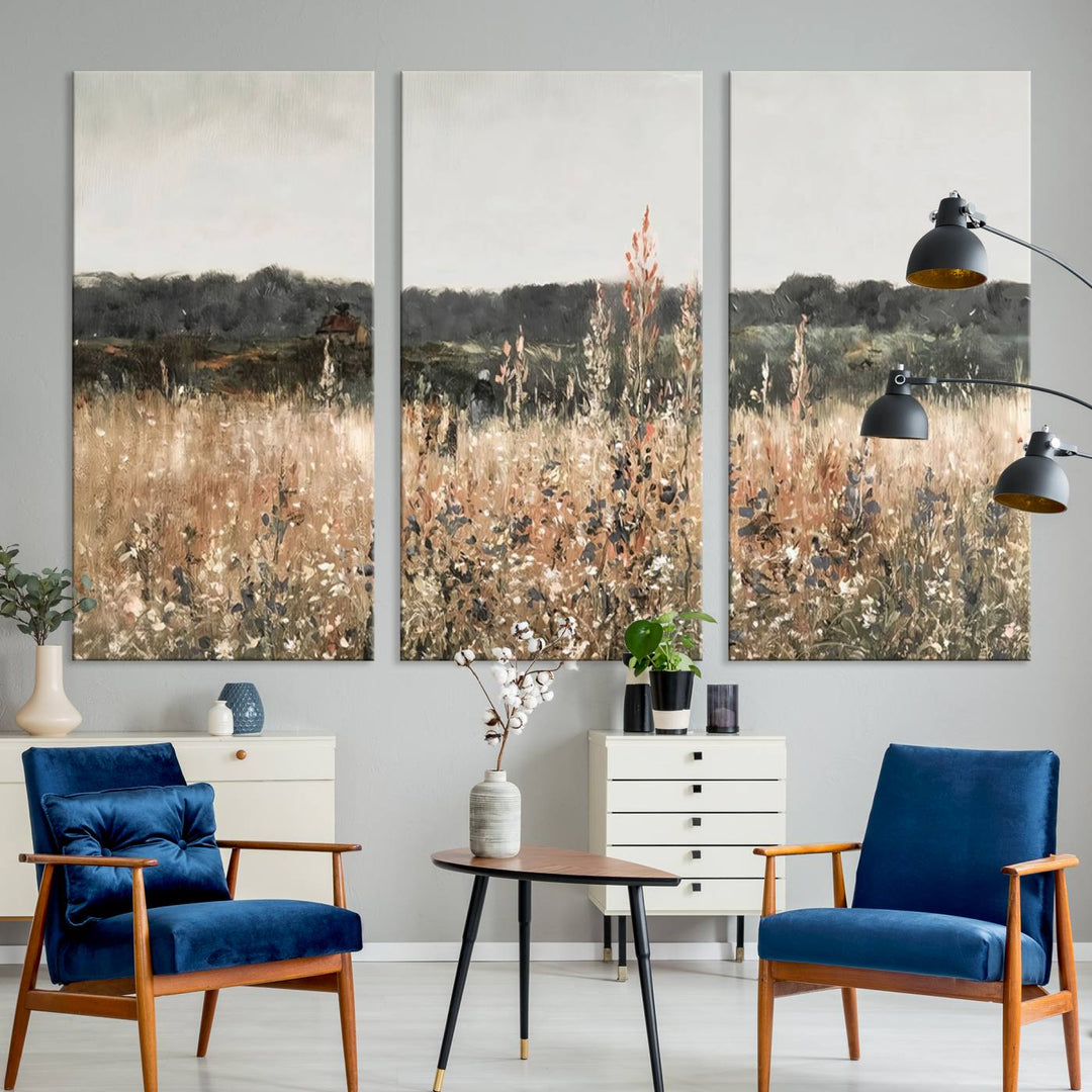 A dining room featuring the Abstract Wildflower Art Field Landscape Oil Painting Print.