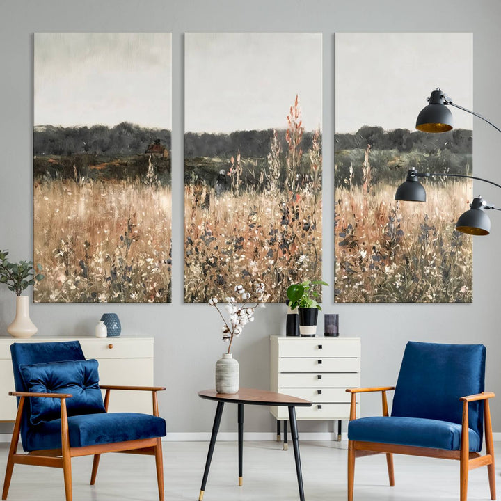 A dining room featuring the Abstract Wildflower Art Field Landscape Oil Painting Print.