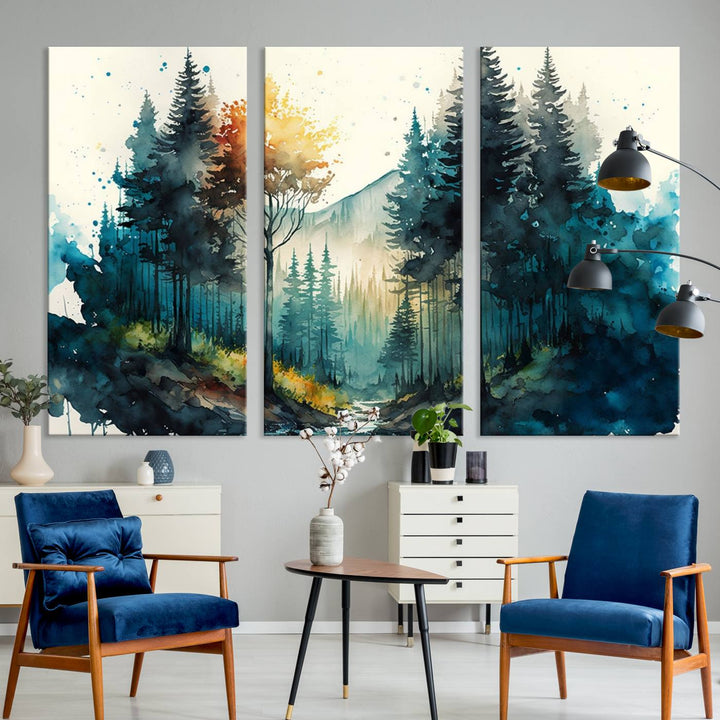 The Watercolor Trees Forest Abstract canvas print is displayed prominently.