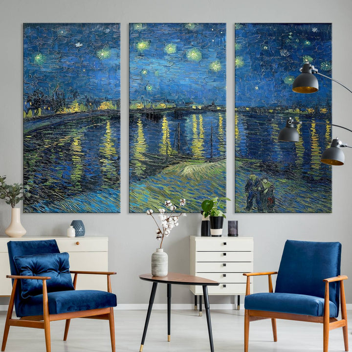 A Vincent van Gogh Starry Night over the Rhone canvas print is displayed on a porch.