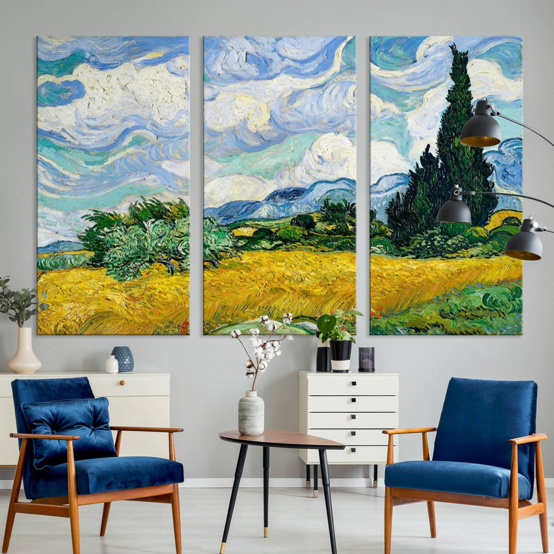 A kitchen featuring Wheatfield With Cypresses Van Gogh canvas wall art.