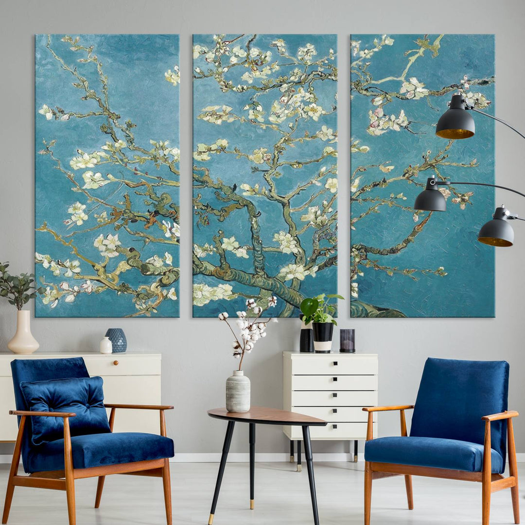 The wall art, Vincent Van Goghs Almond Blossom, stands out with its vibrant depiction against a serene blue background.