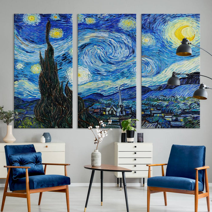 A canvas print of The Starry Night, offering museum-quality art, ready to hang.