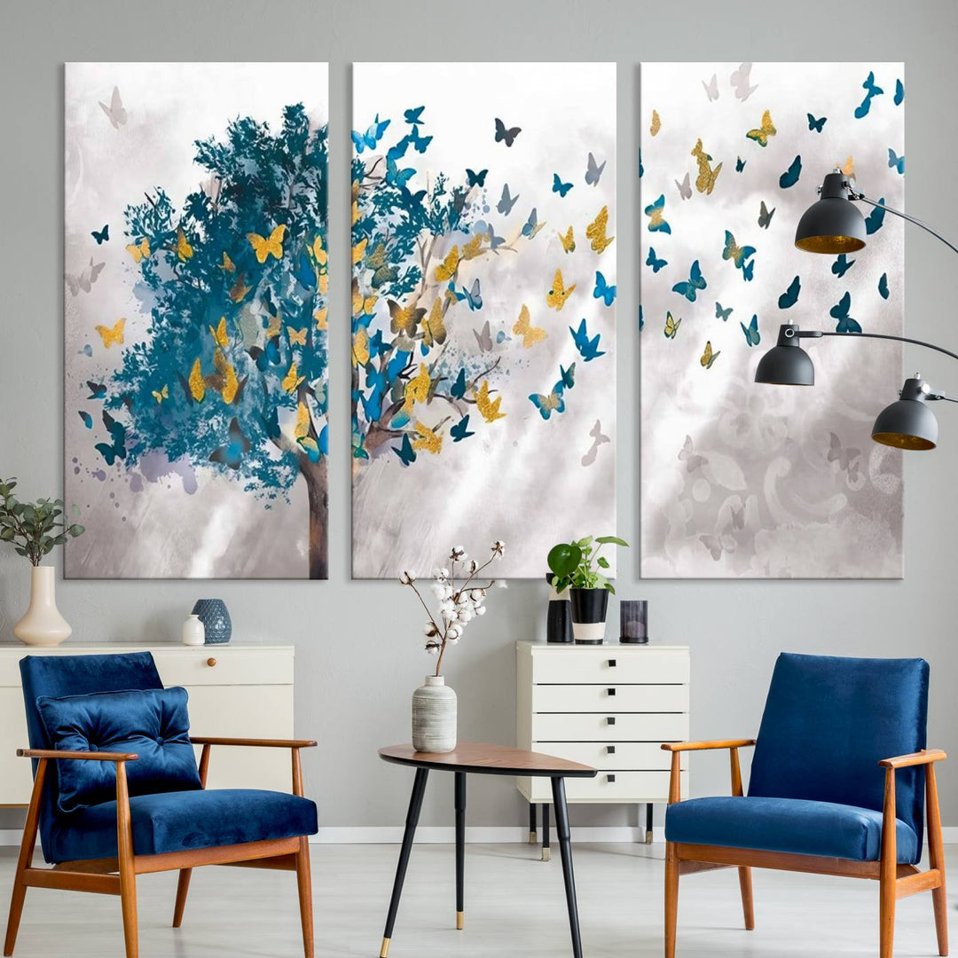 The modern dining room features Tree Butterfly Abstract Wall Art, adding a touch of nature-inspired decor.