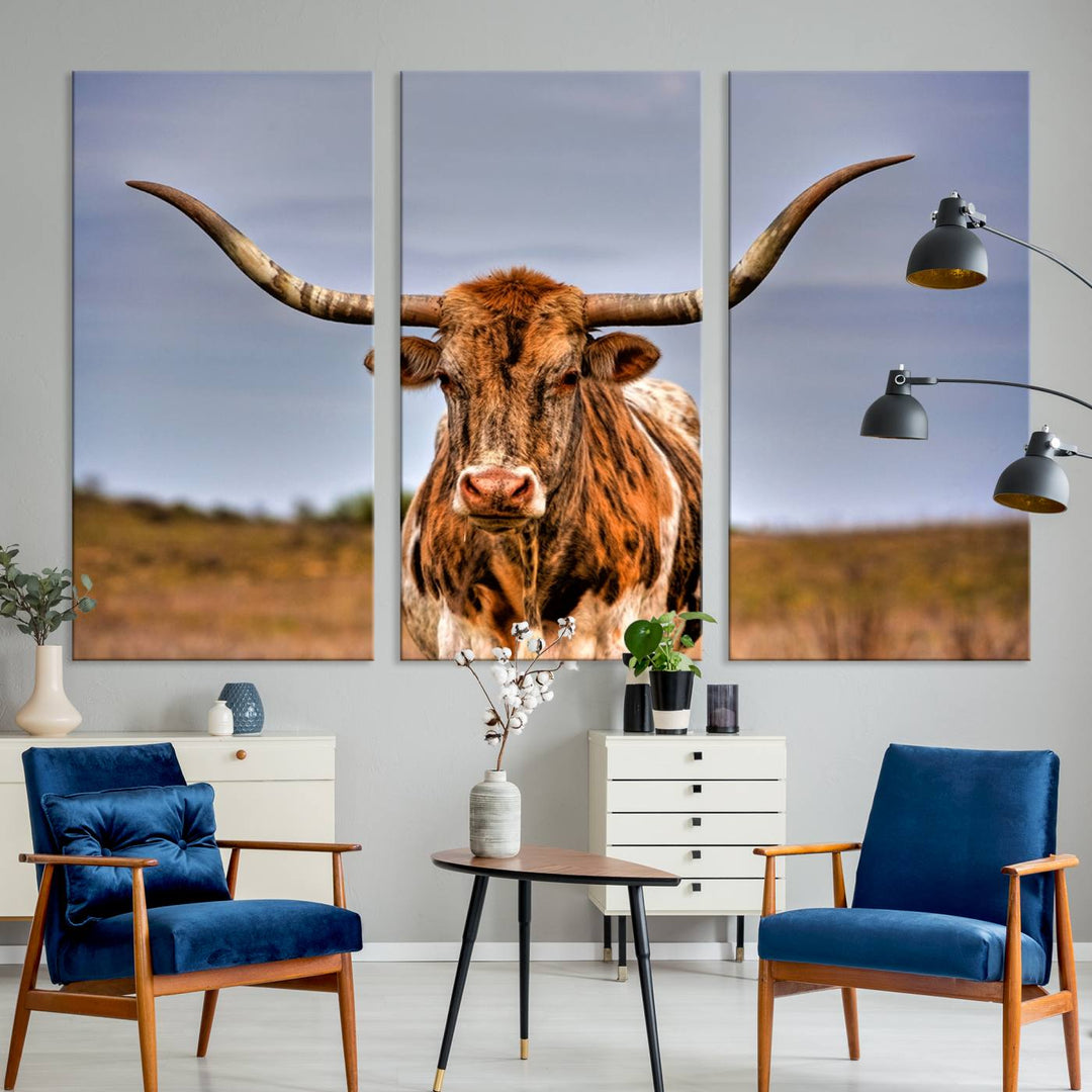 The Texas Longhorn Wall Art Print is displayed in a stylish living room.