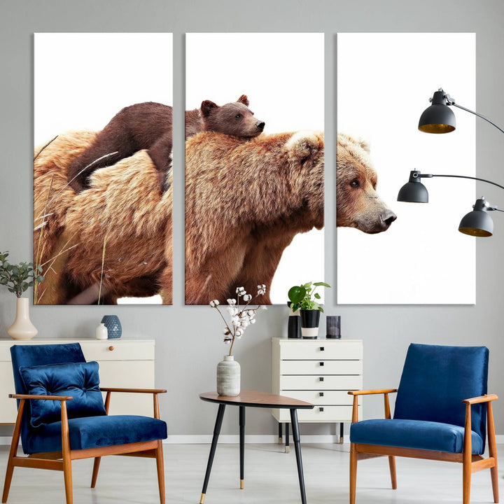 Mother and Baby Bear canvas: an adorable wildlife print displayed on a dark green wall.