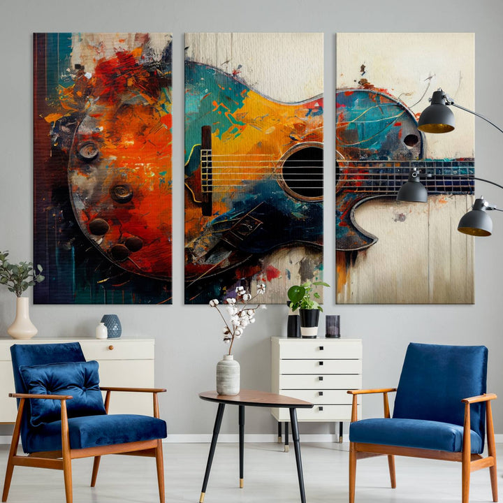 A vibrant guitar wall art canvas is mounted on the wall.