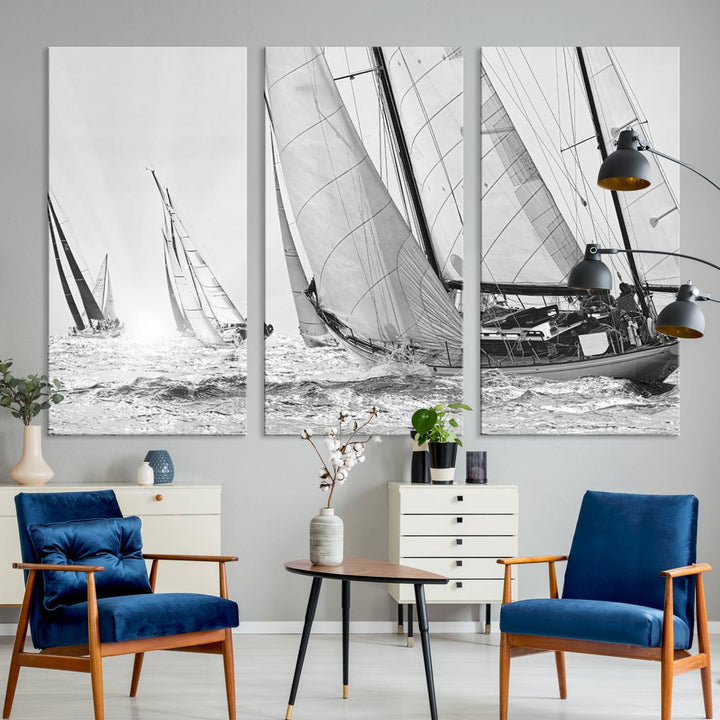 Yacht Sailboat Regatta canvas print on a textured wooden wall.